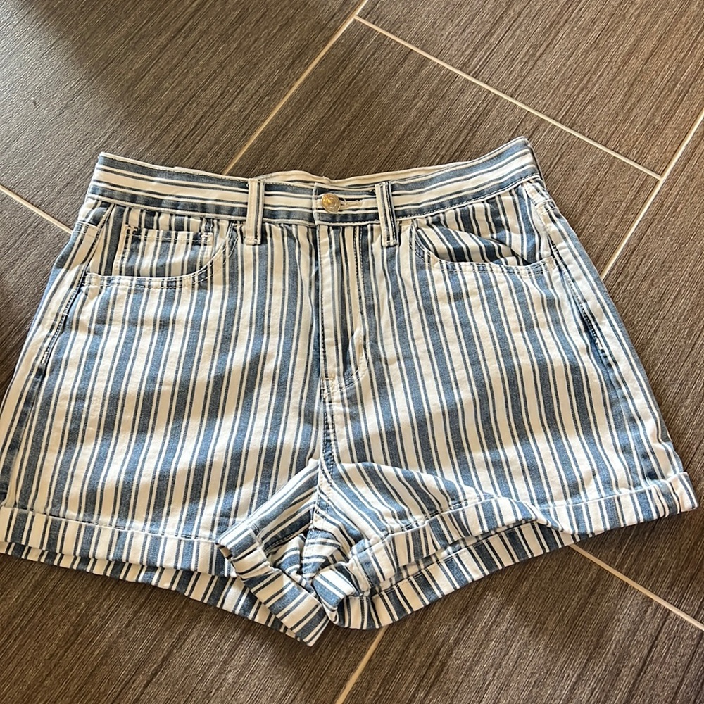 Blue and white striped denim shorts